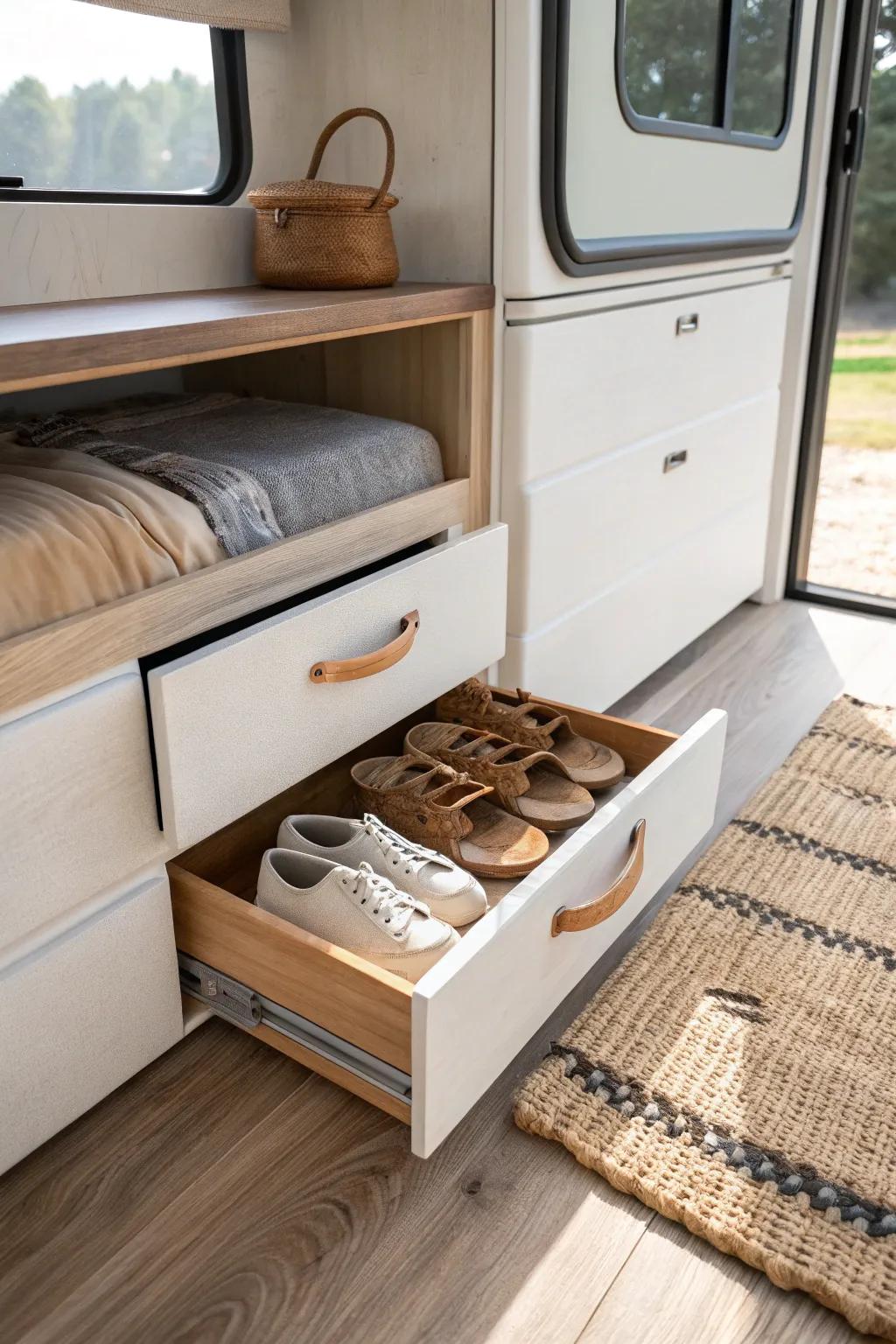 A secret toe-kick shoe drawer that keeps your RV floor clear—sleek, hidden, and so satisfying.