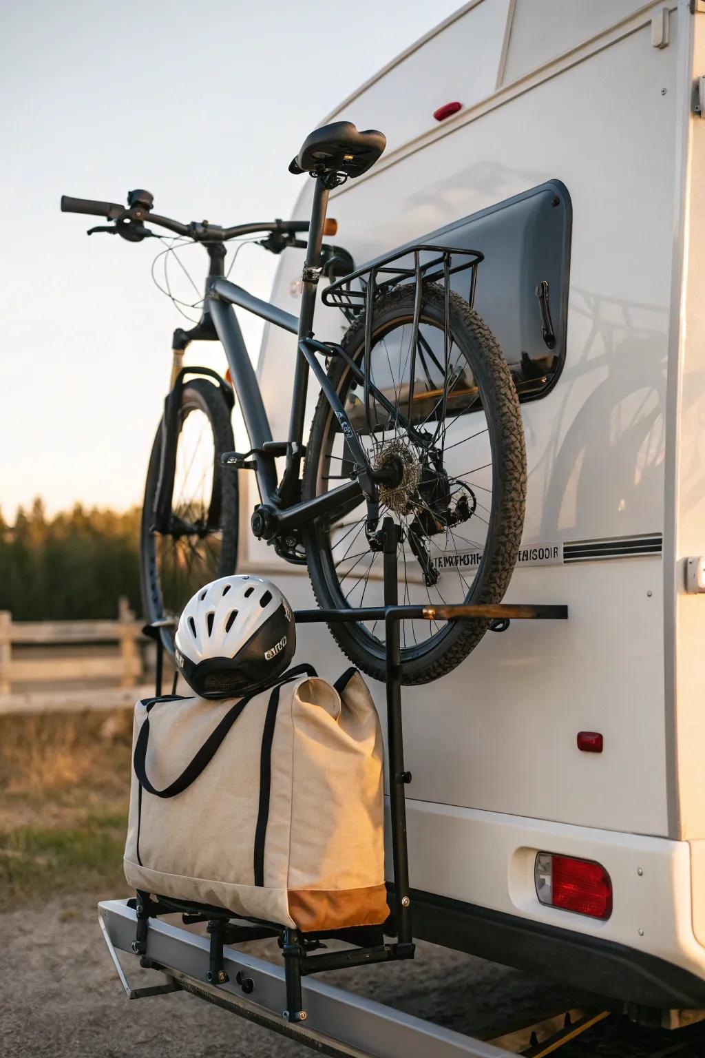Secure rear bike rack saves RV space—keep helmet and lock together in a tidy exterior bag.
