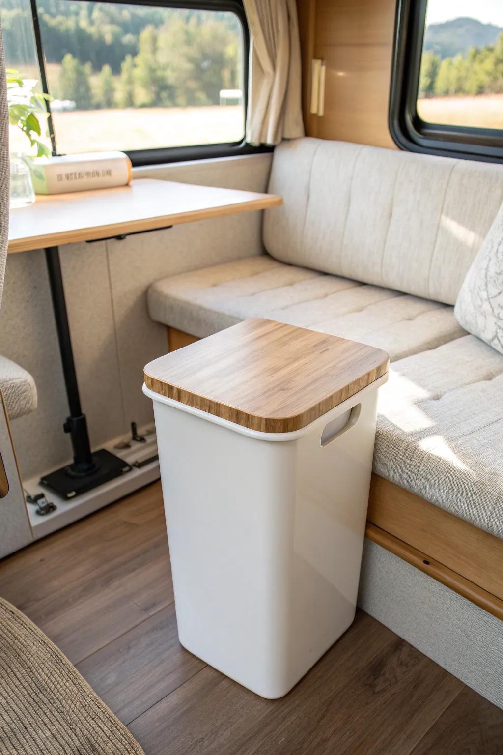 Slim lidded bin under the dinette keeps trash secure and travel-day pack‑up calm.