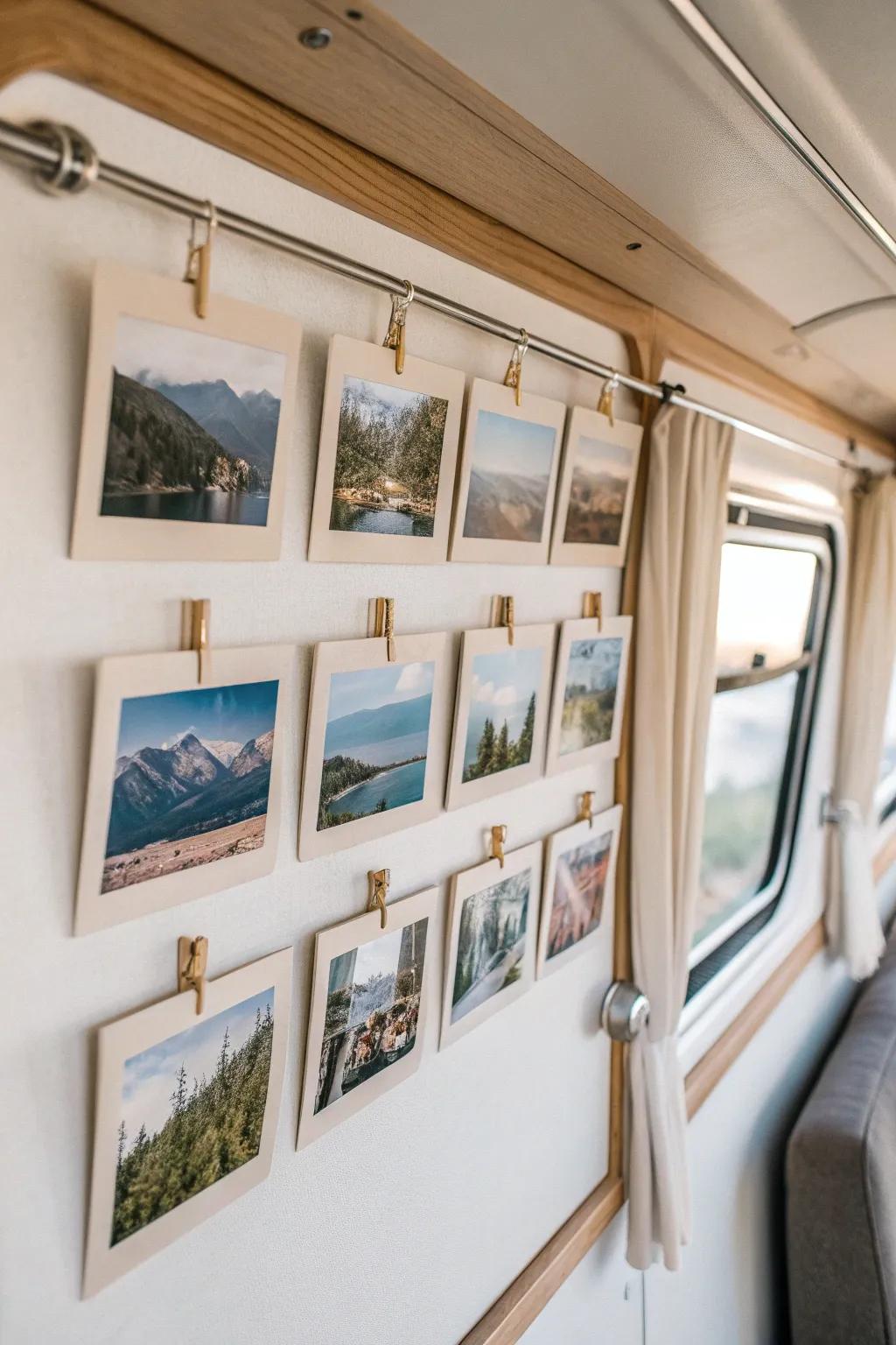 A tiny RV photo gallery in a neat grid—minimal, warm, and full of travel memories.