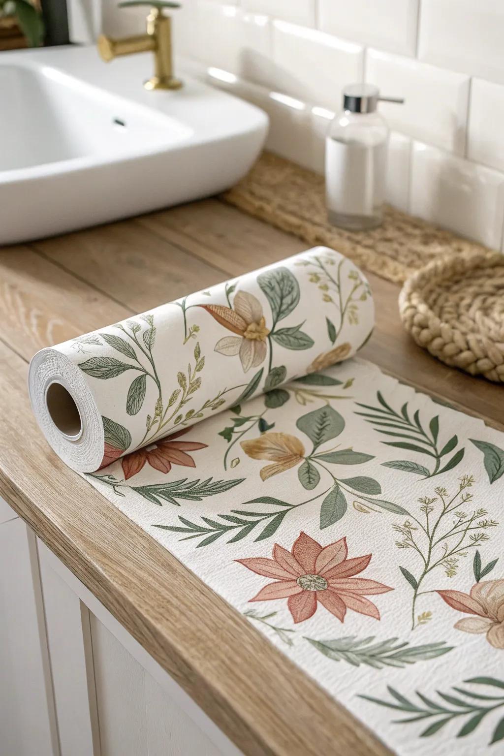 Boutique-feel RV bathroom wallpaper—bold floral drama that turns tiny into hotel-cute.