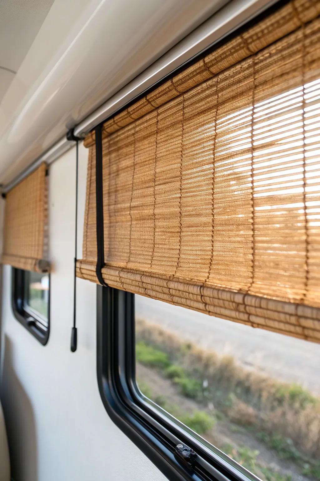 Add instant warmth to your RV with a woven wood shade—texture that softens every surface.