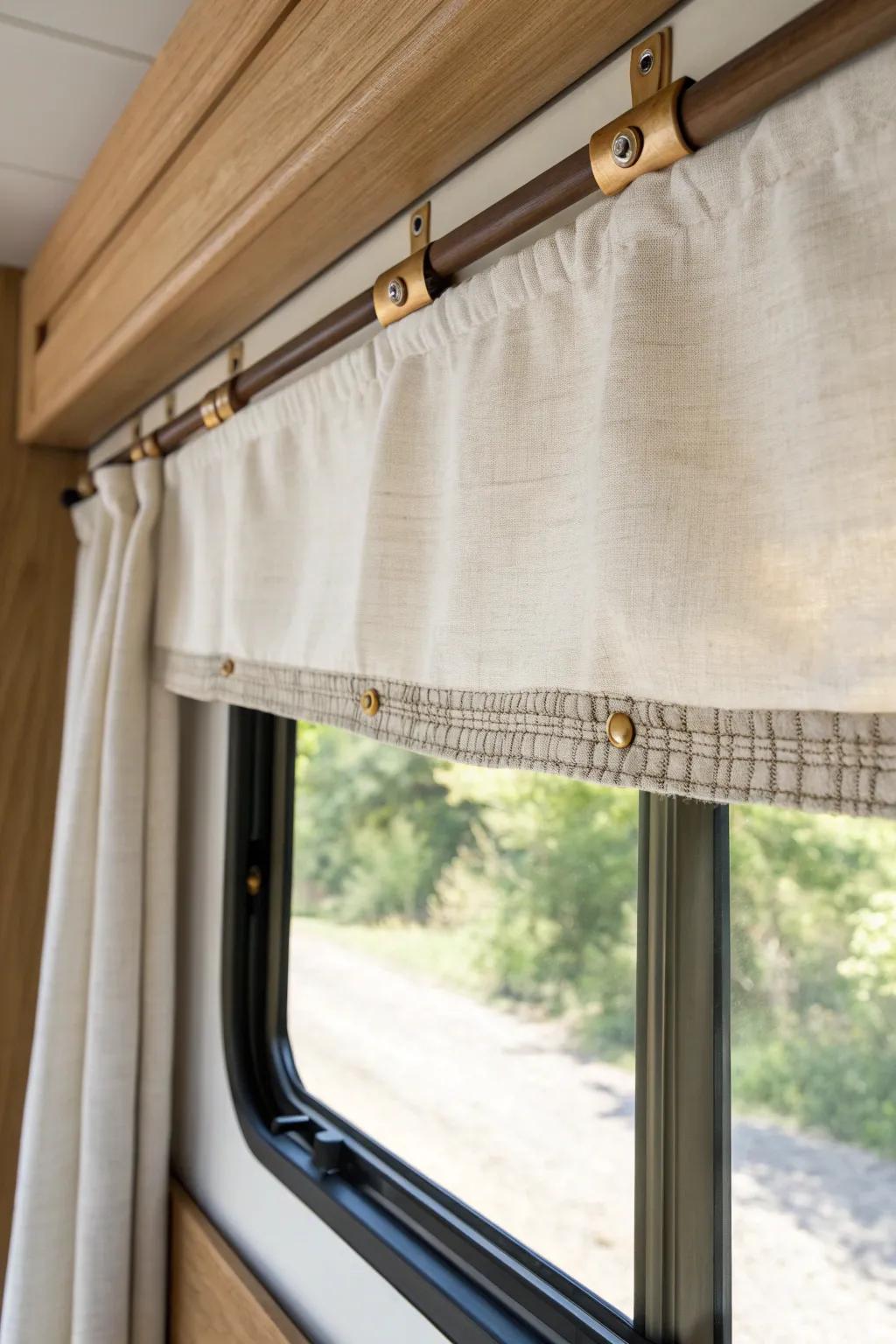 Sleep-in upgrade: a linen RV valance with hidden blackout lining for calm, dark nights.