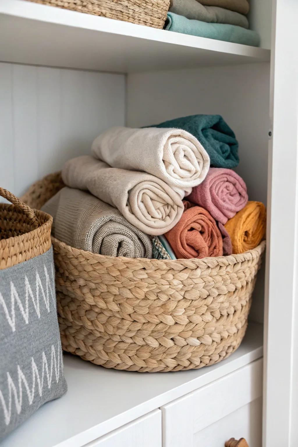 Top-shelf basket sorting scarves into neutrals and fun colors—grab-and-go, no rummaging.