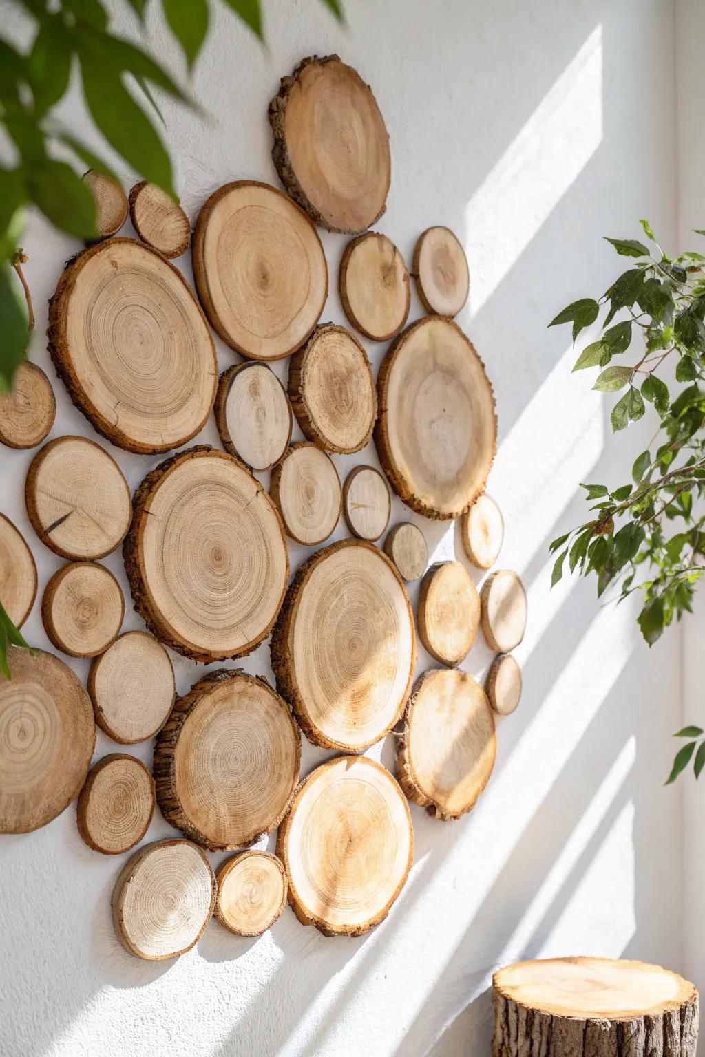 DIY wood slice “tree canopy” wall art—warm natural texture for small, cozy corners.
