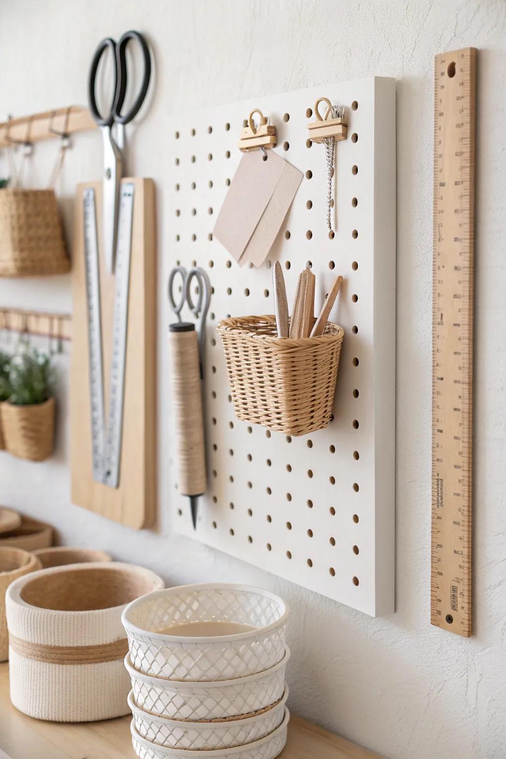 A styled pegboard keeps scrapbook tools visible and frees drawers—tiny-space win.