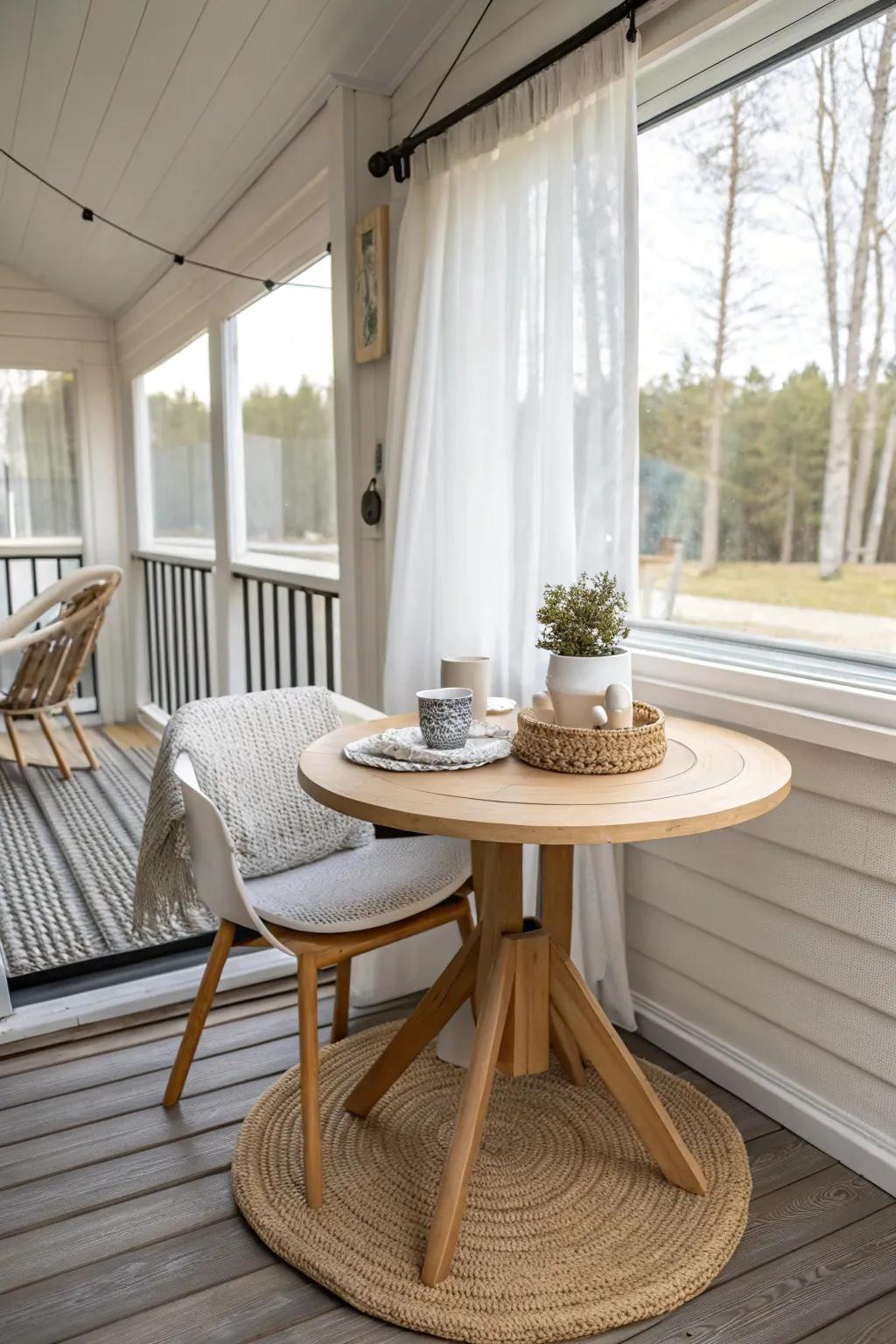 A tiny porch table turns your screened-in mobile home porch into a bright everyday dining nook.