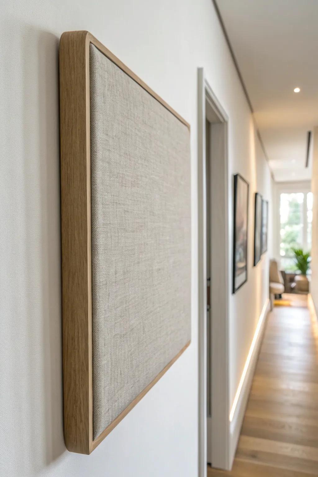 Handcrafted linen wall panel that softens hallway echoes for a calmer, sensory-friendly feel.