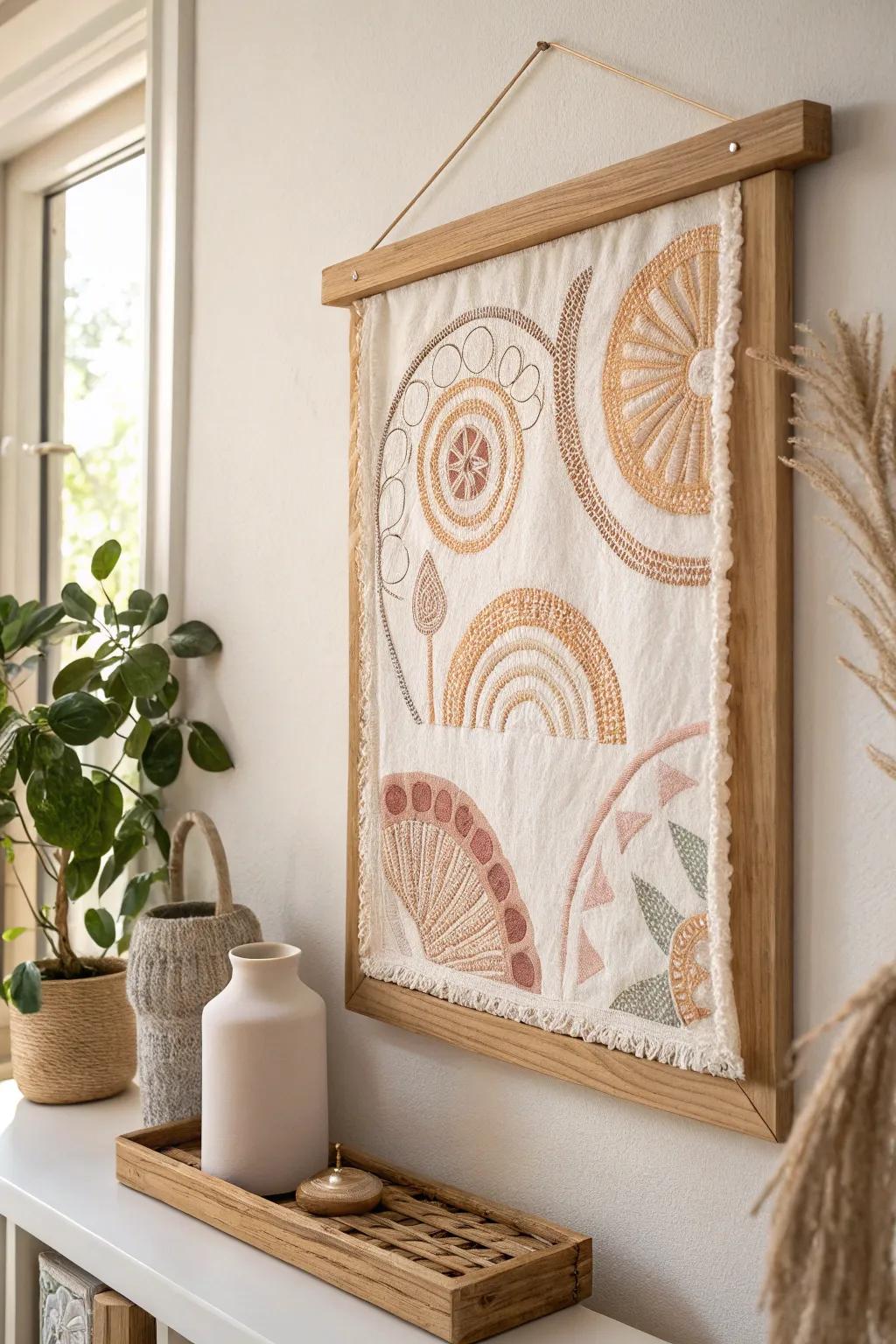 Elevate your space with bespoke embroidered wall art that blends simplicity with natural elegance.