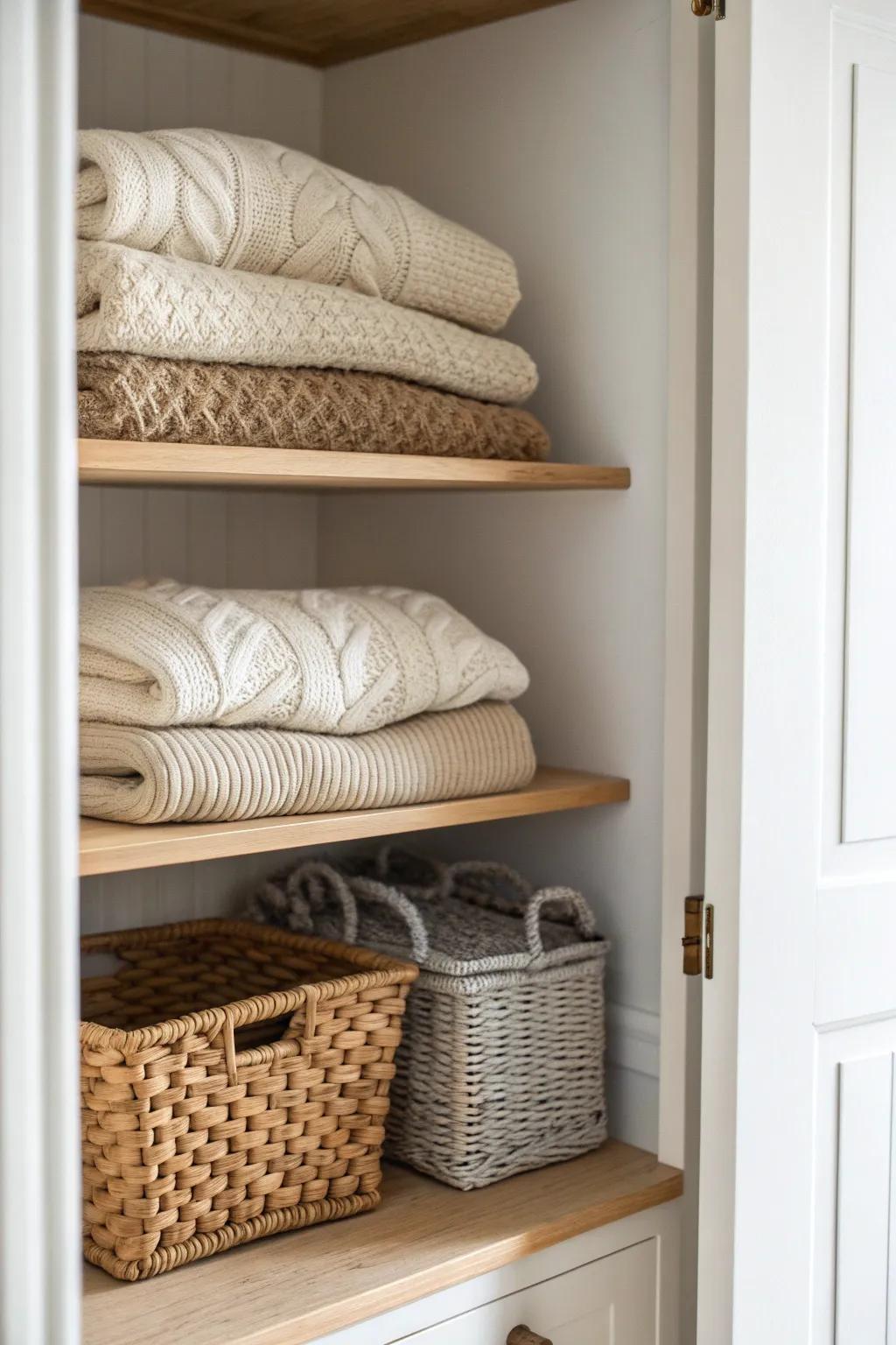 A shallow-closet fold zone: low stacks of chunky knits + a woven bin for overflow.