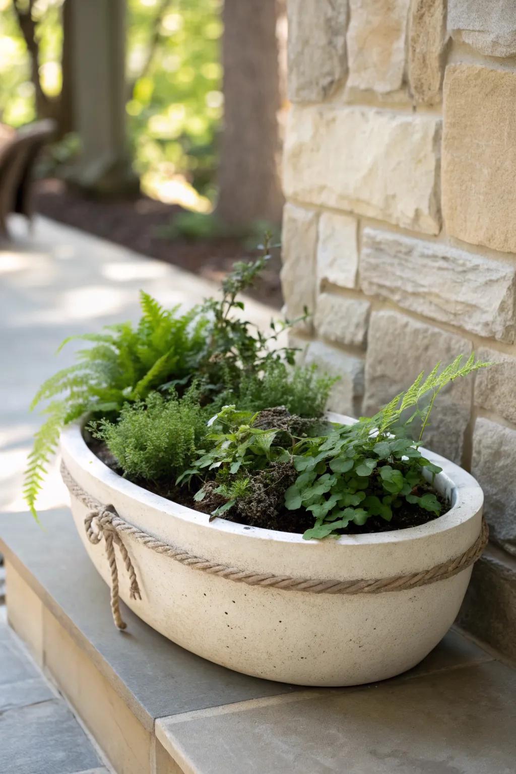 A lush, shade-friendly shallow planter that brightens low-light corners with effortless style.