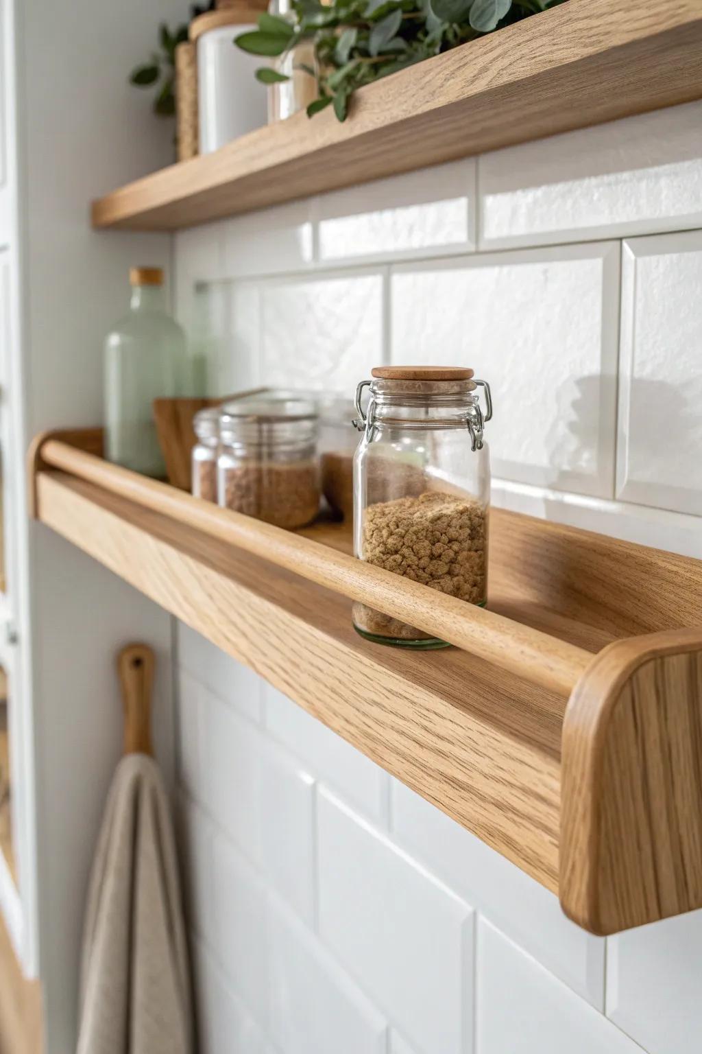 A slim front-edge rail on a shallow pantry shelf keeps jars secure without visual bulk.