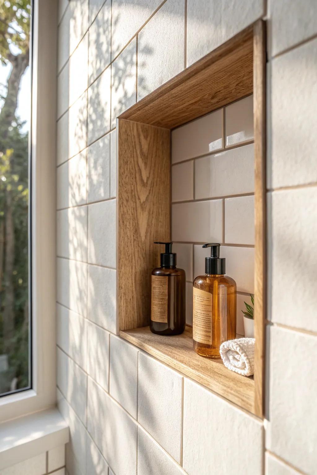 A built-in shower niche with tidy “lanes” keeps shared-bath bottles beautifully in check.