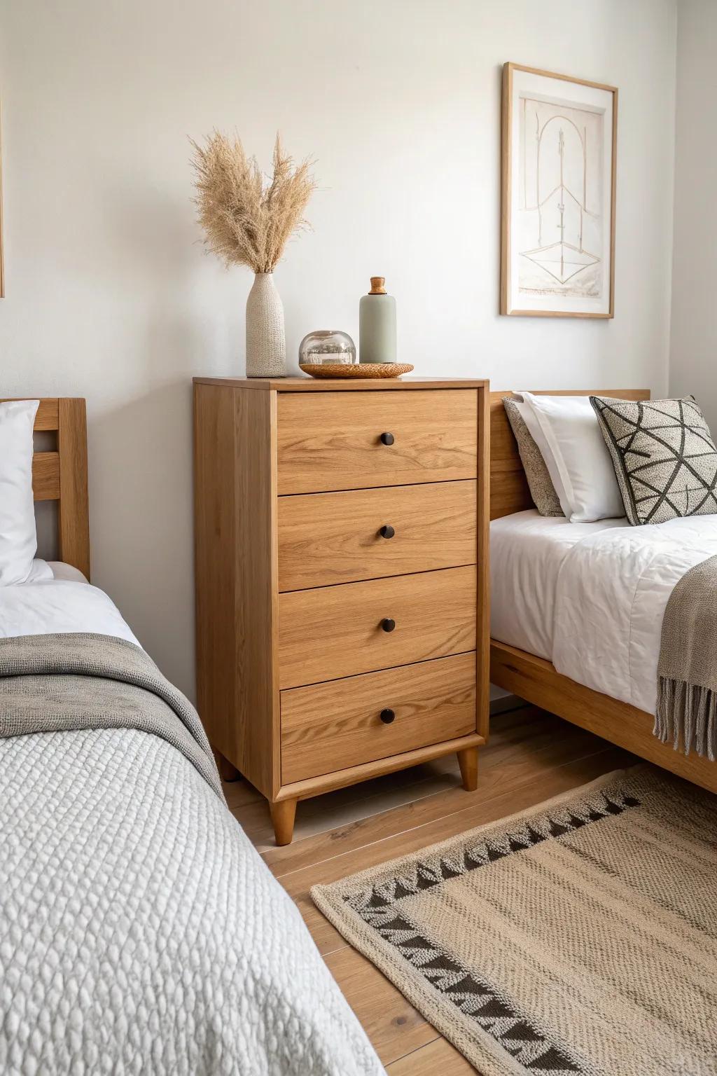 One shared dresser between beds: storage + subtle zones for siblings in a small room.