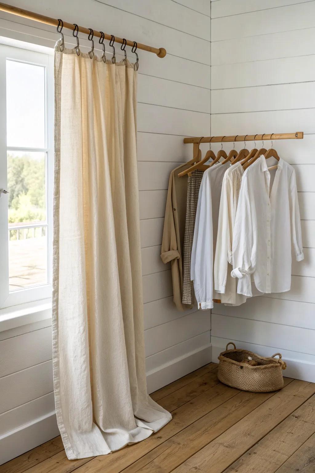 A simple closet wall: wooden rod + linen curtain to keep your shed bedroom calm and clutter-free.