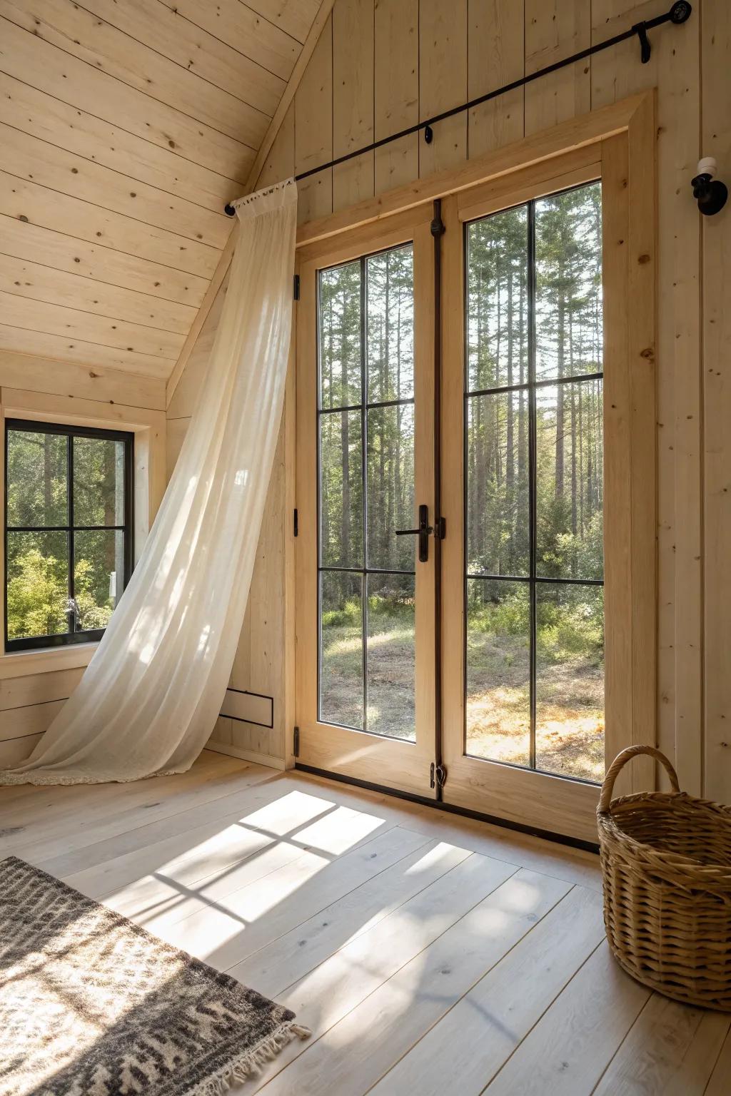 Let glass-paned doors pull the outdoors in—your tiny shed cabin instantly feels twice as big.