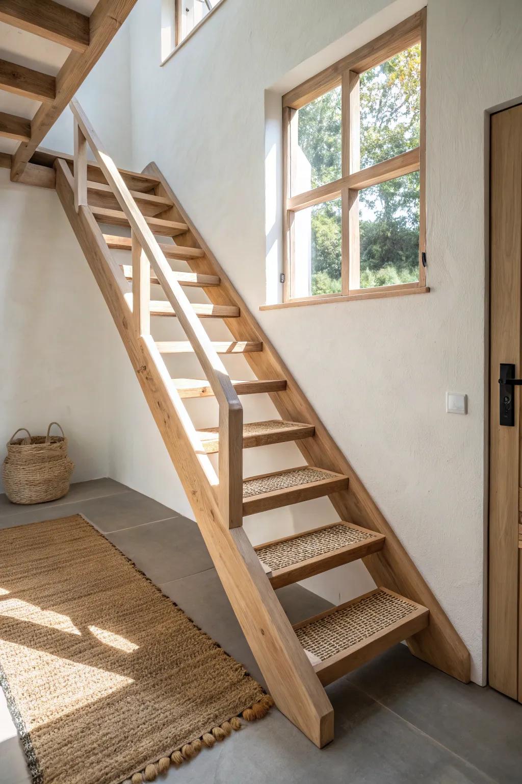Compact alternating-tread loft stairs that save floor space and add a crafted, airy feel.