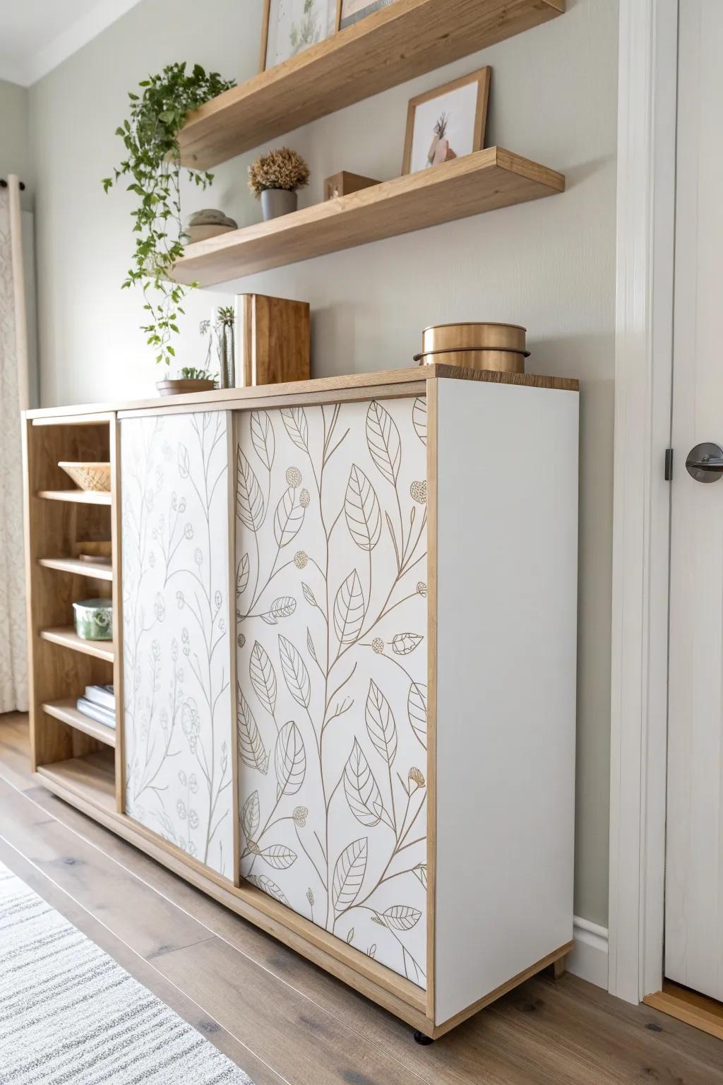 Peel-and-stick wallpaper panels give your shelf an instant built‑in look—no tools needed.