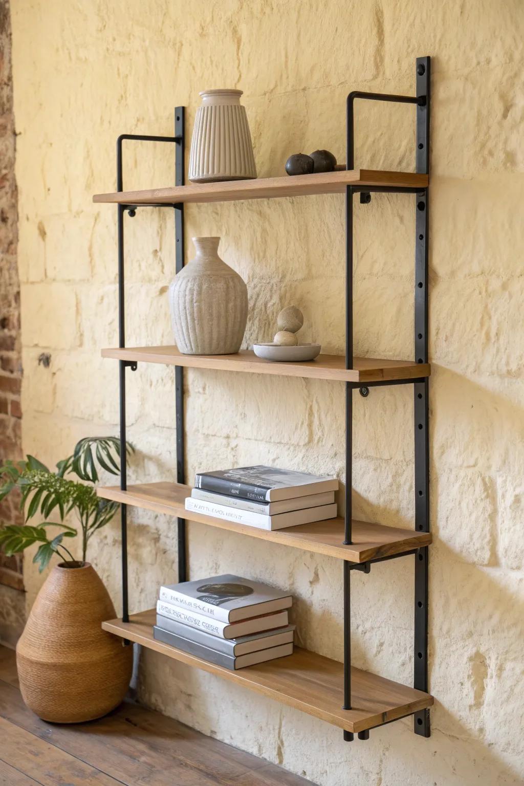 Adjustable shelf heights let your living room display shift from tall vases to book stacks.