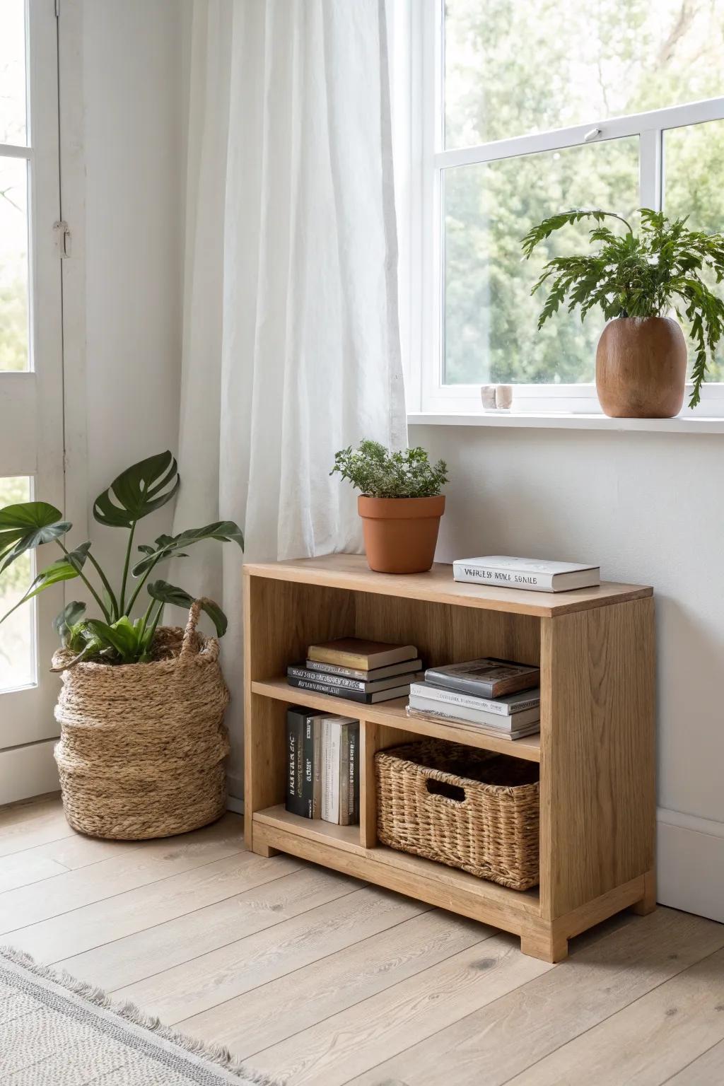 A low shelf under the window keeps light flowing—perfect for plants and airy living-room styling.