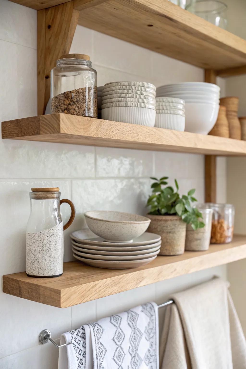 Open kitchen shelving: daily dishes in reach, calm and curated for small spaces.