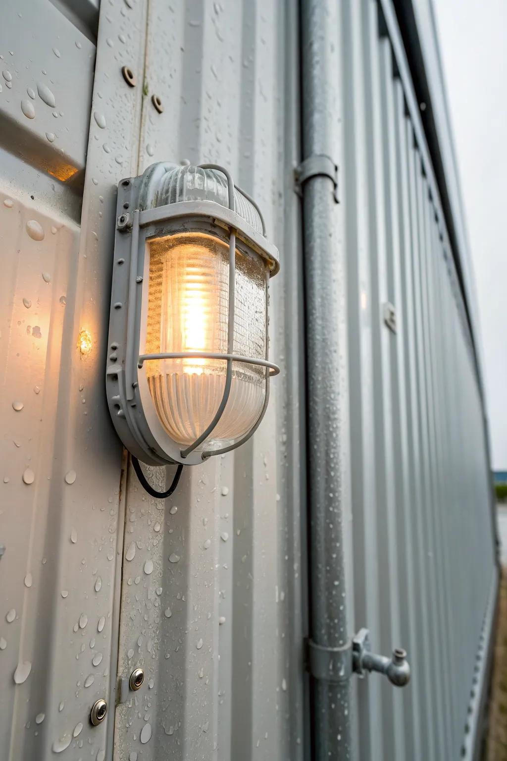Sealed vapor-proof fixture adds a warm glow—perfect for damp outdoor shipping containers.