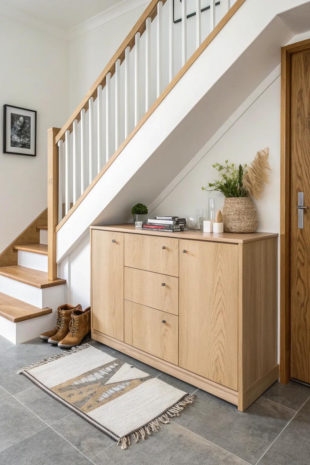 Under-stair shoe cabinet idea: a sleek built-in look that adds hidden entryway storage.