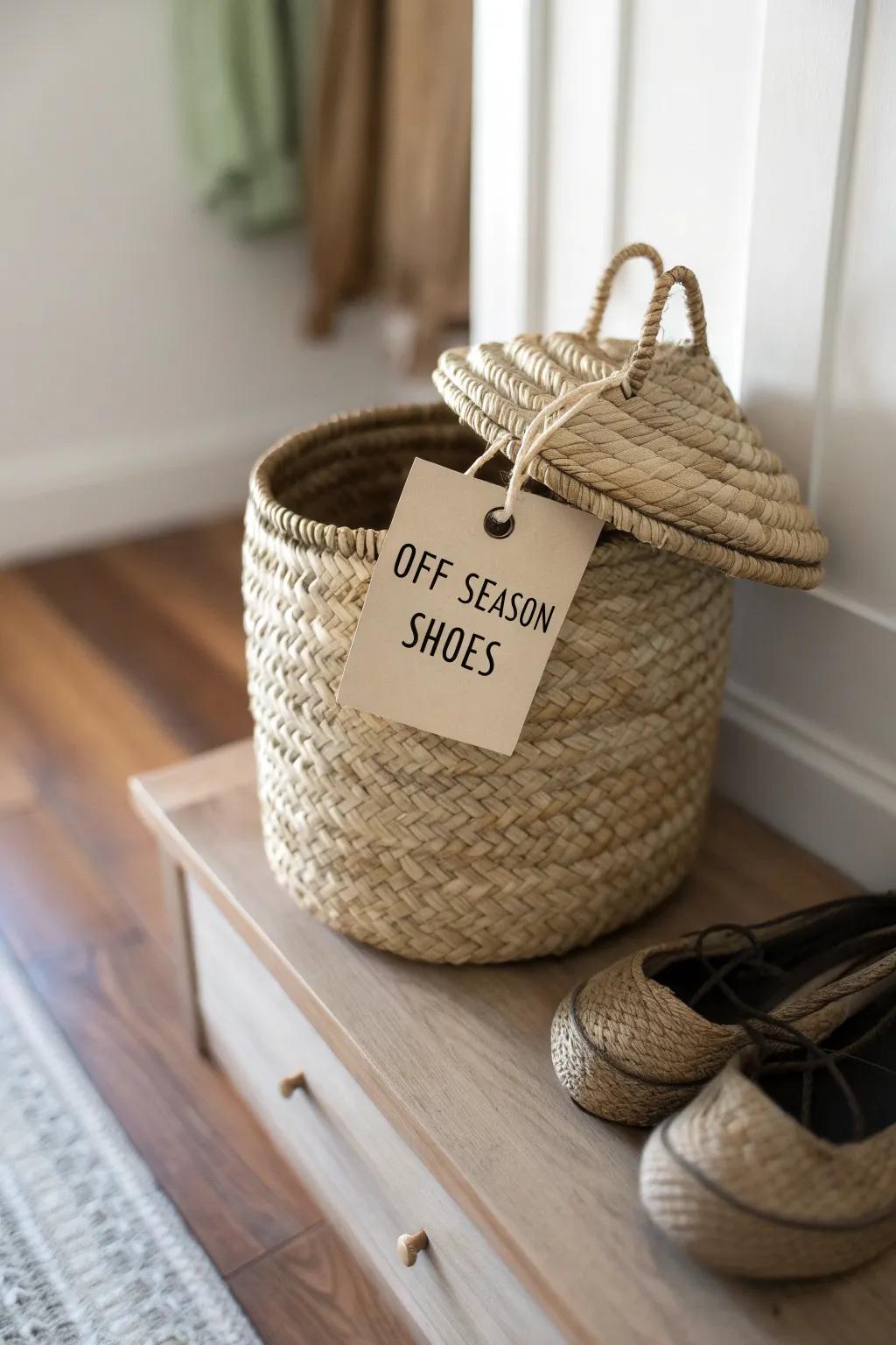 Labeled woven basket on the top shelf—keeps off-season shoes tidy and out of the way.