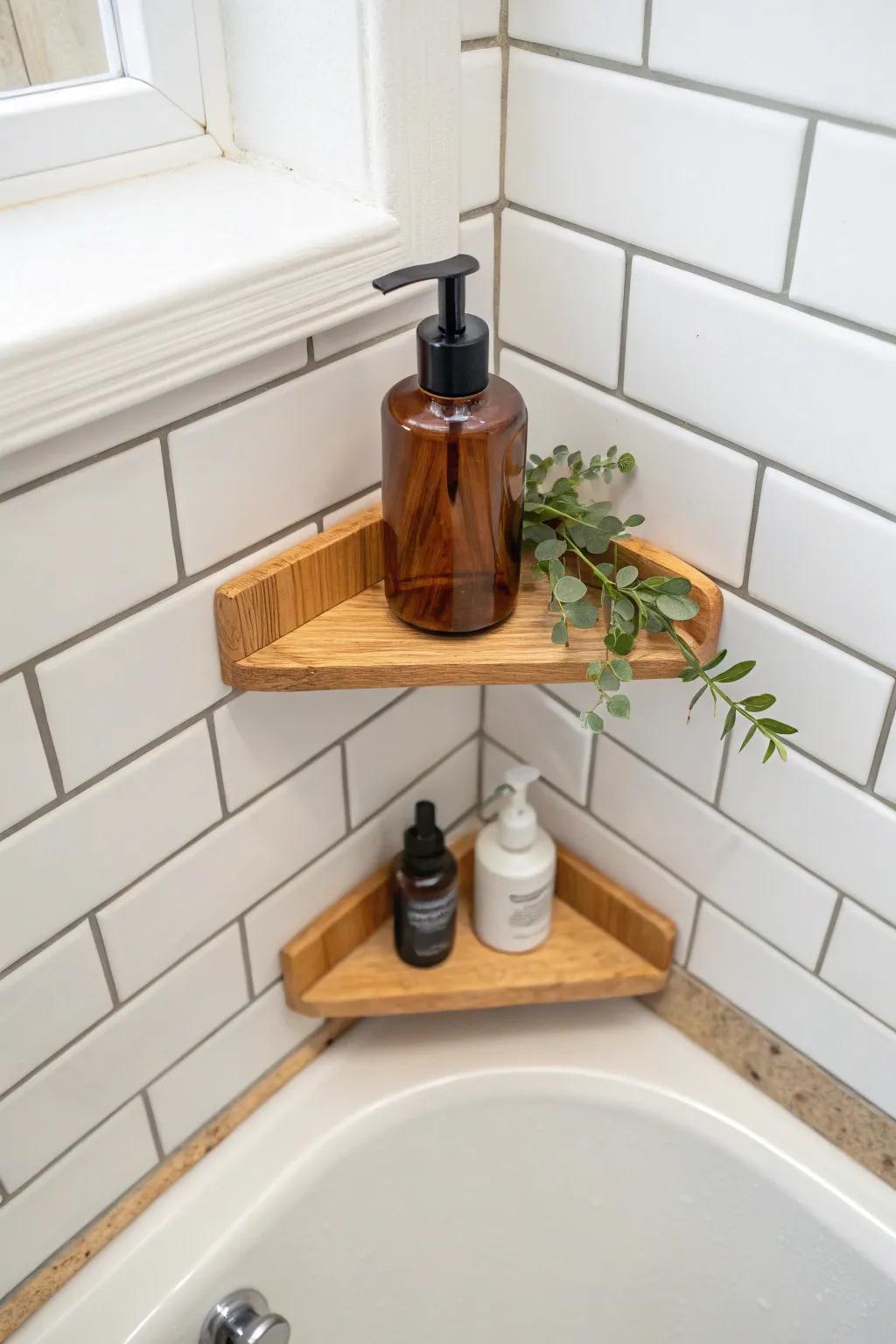 A compact corner shelf above the faucet keeps your tub edge clear—no more toppled bottles.
