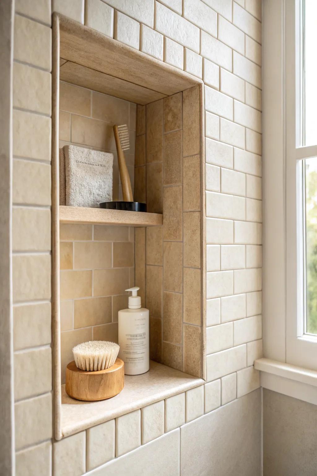 Quiet luxury shower niche: seamless tone-on-tone trim that blends beautifully in small spaces.