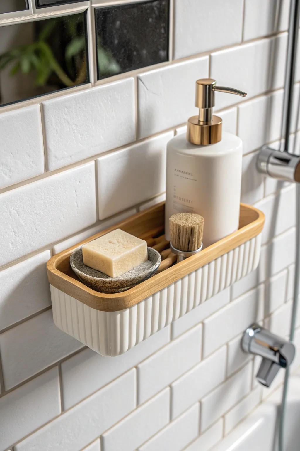 A sleek draining soap dish with built‑in razor slot keeps shower essentials tidy and dry.