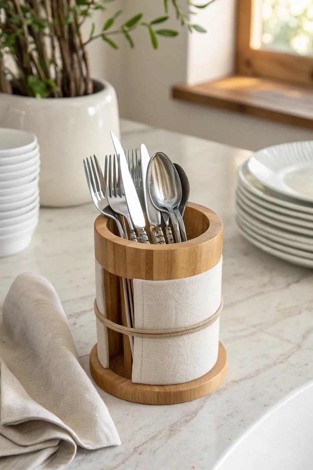 A chic countertop silverware caddy that keeps essentials handy without cluttering your space.