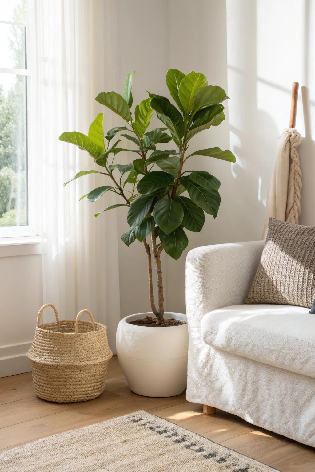 One big indoor plant in a simple pot makes a small living room feel calm, styled, and lived-in.