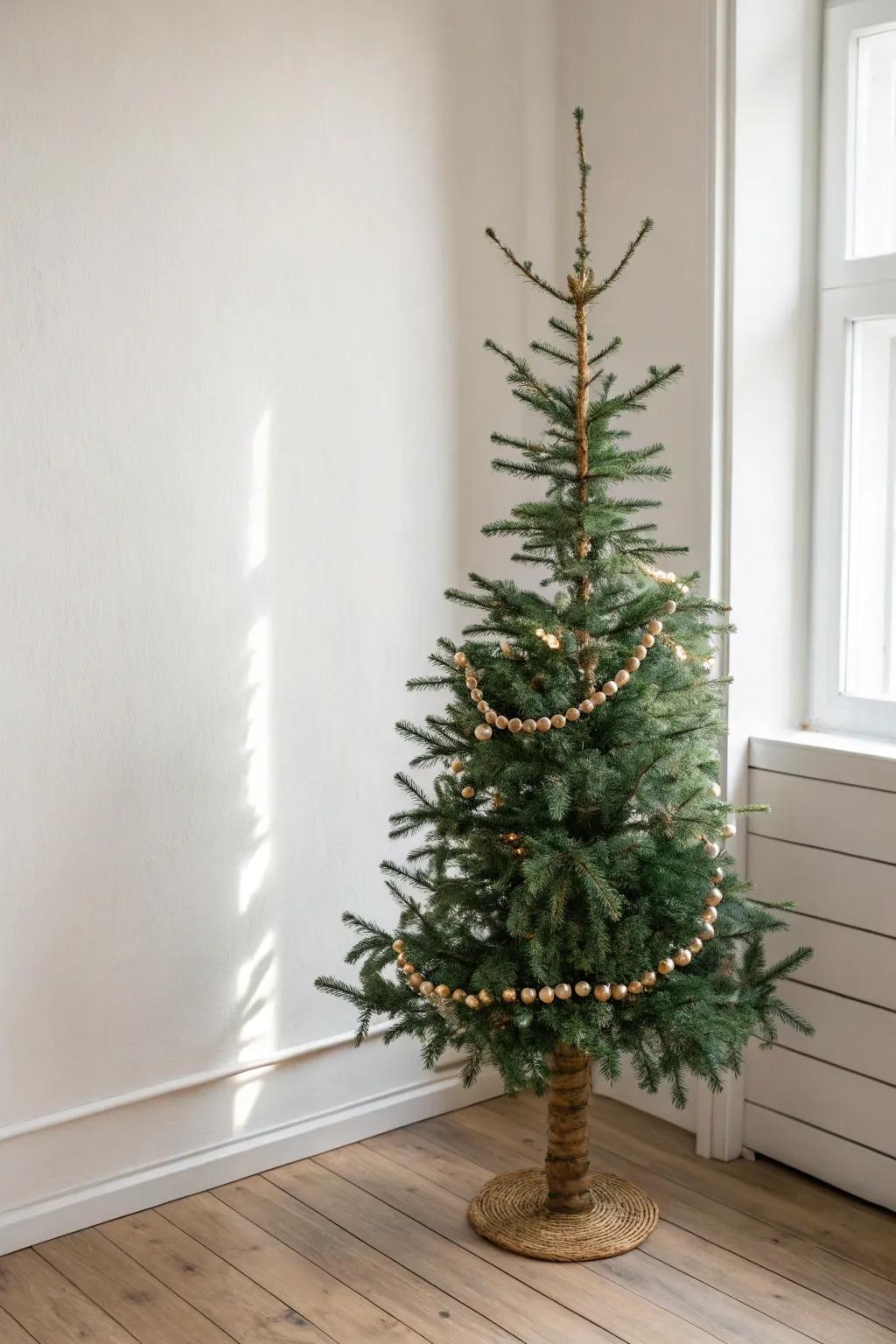 Keep your slim tree sleek with one airy garland—light, minimal, and beautifully balanced.