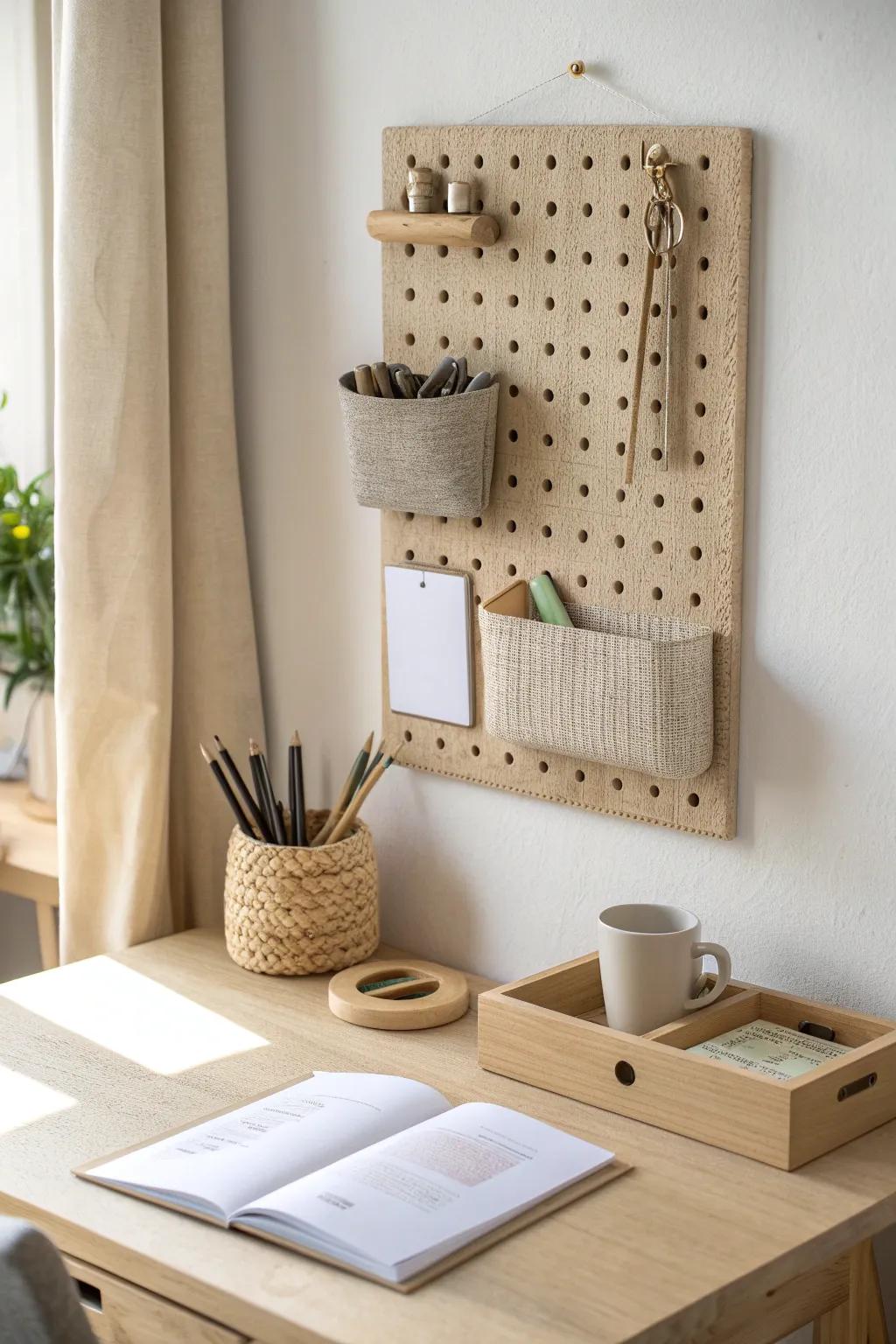 Vertical wall storage keeps a single dorm desk clear—minimal, warm, and beautifully functional.