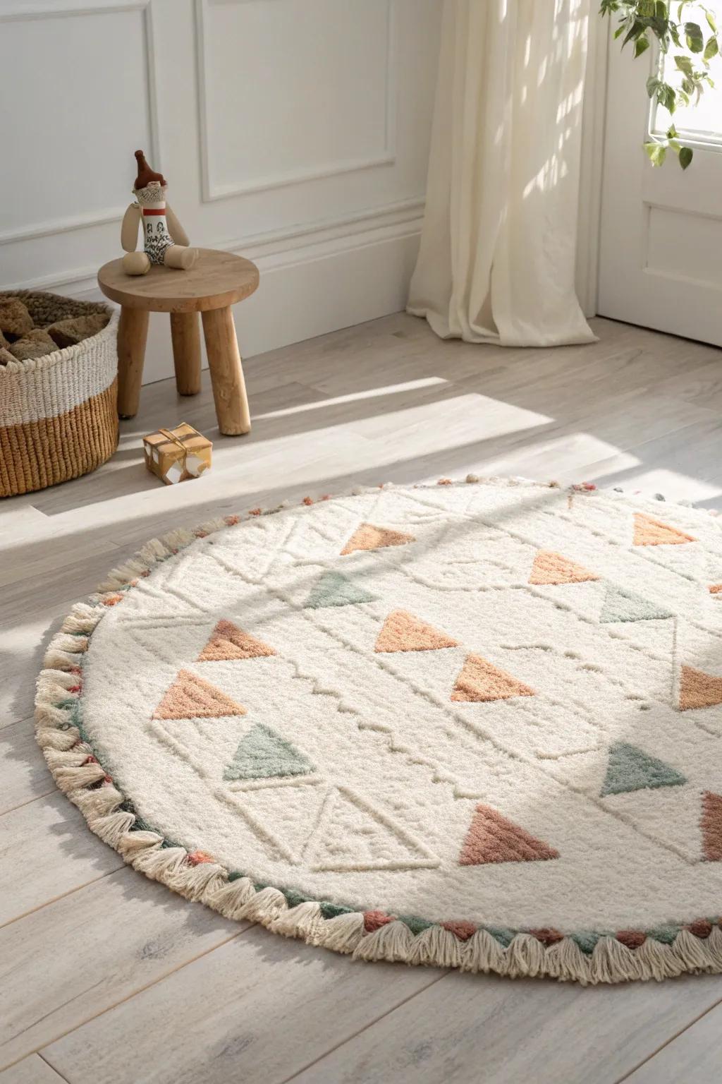 A small washable rug defines the play zone—contained mess, faster cleanup, calm room vibes.