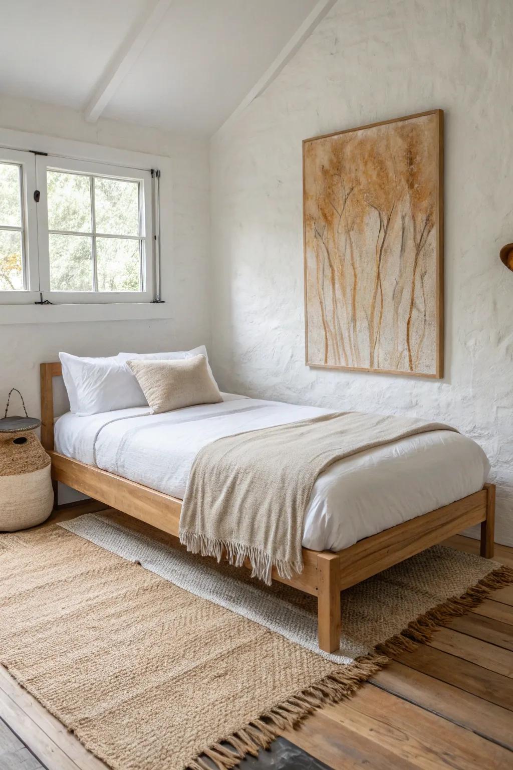 One oversized art piece above a twin bed makes even a tiny room feel intentional and calm.
