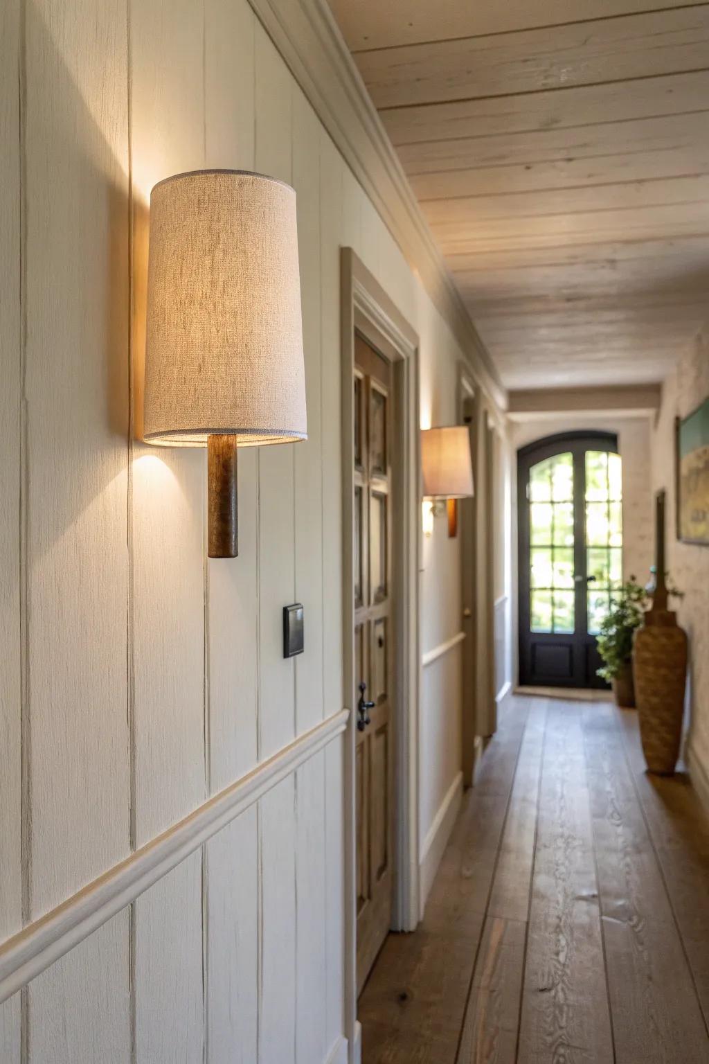 Warm hallway paint + a soft-glow sconce turns a long single-wide corridor into a welcoming path.