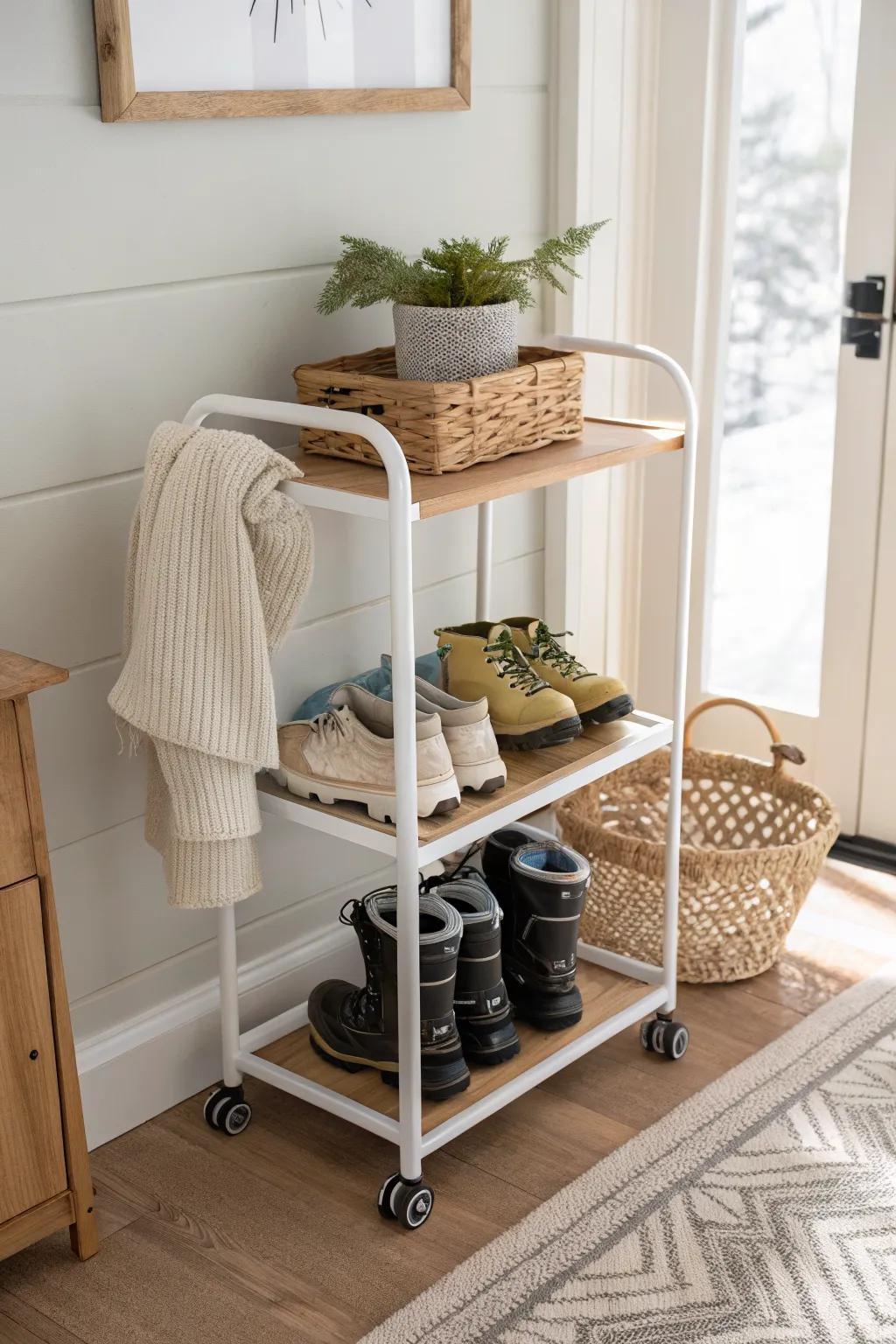 A slim rolling cart turns dead corner space into a chic, portable ski boot station.