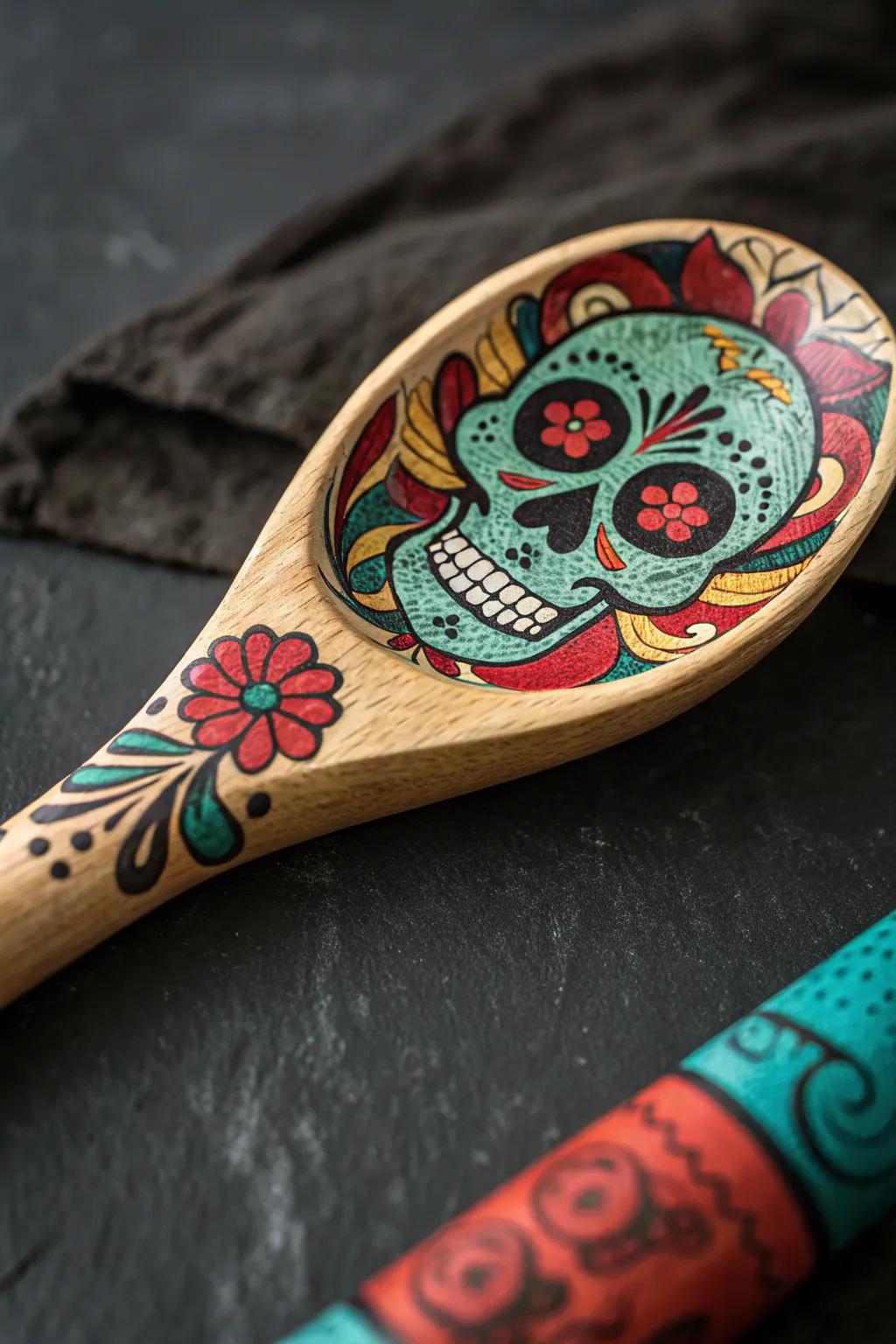 Elevate your decor with the vibrant charm of wooden spoon sugar skulls.
