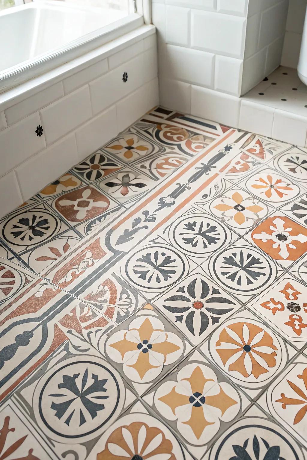 Bold patterned floor tile adds instant style to a tiny bathroom—no clutter required.