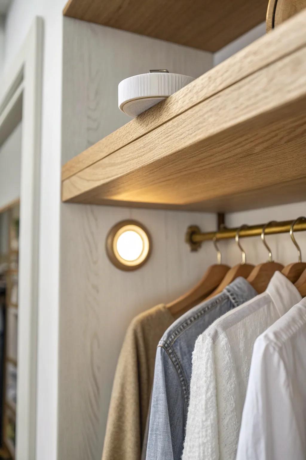 Stick-on puck light magic: instant cozy glow for dark closets and deep shelves.
