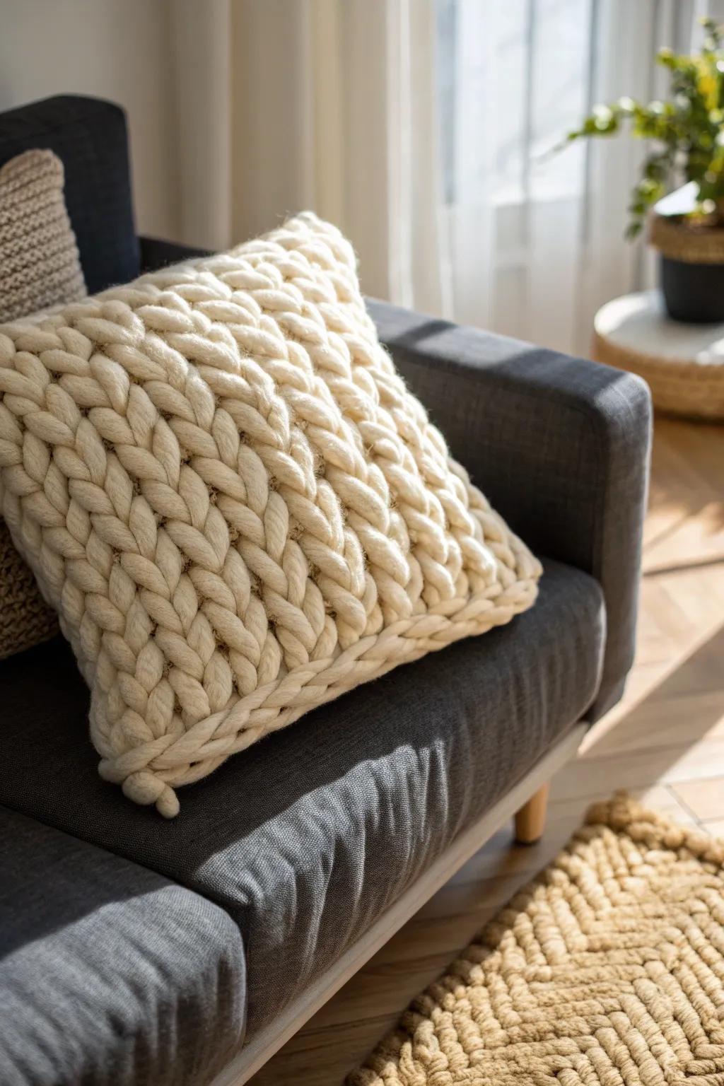 One chunky knit pillow adds cozy depth—budget texture that keeps small living rooms calm.