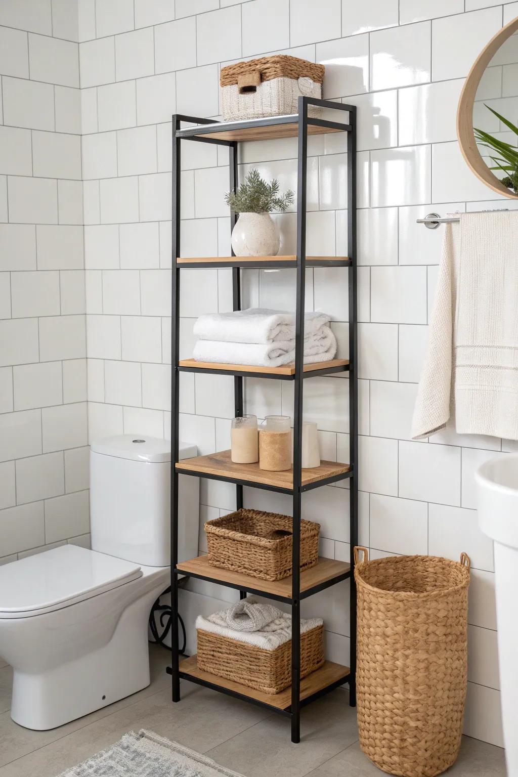 Go vertical: a slim over-the-toilet shelf + lidded baskets keeps tiny bathrooms calm.