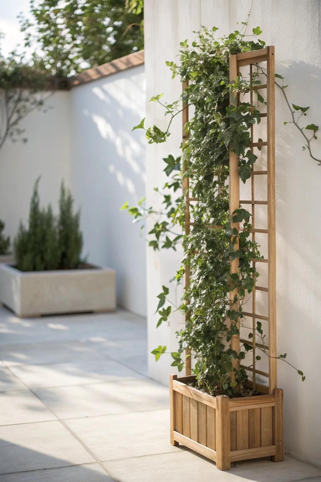 A slim trellis planter of lush greens turns a tiny patio corner into a private retreat.