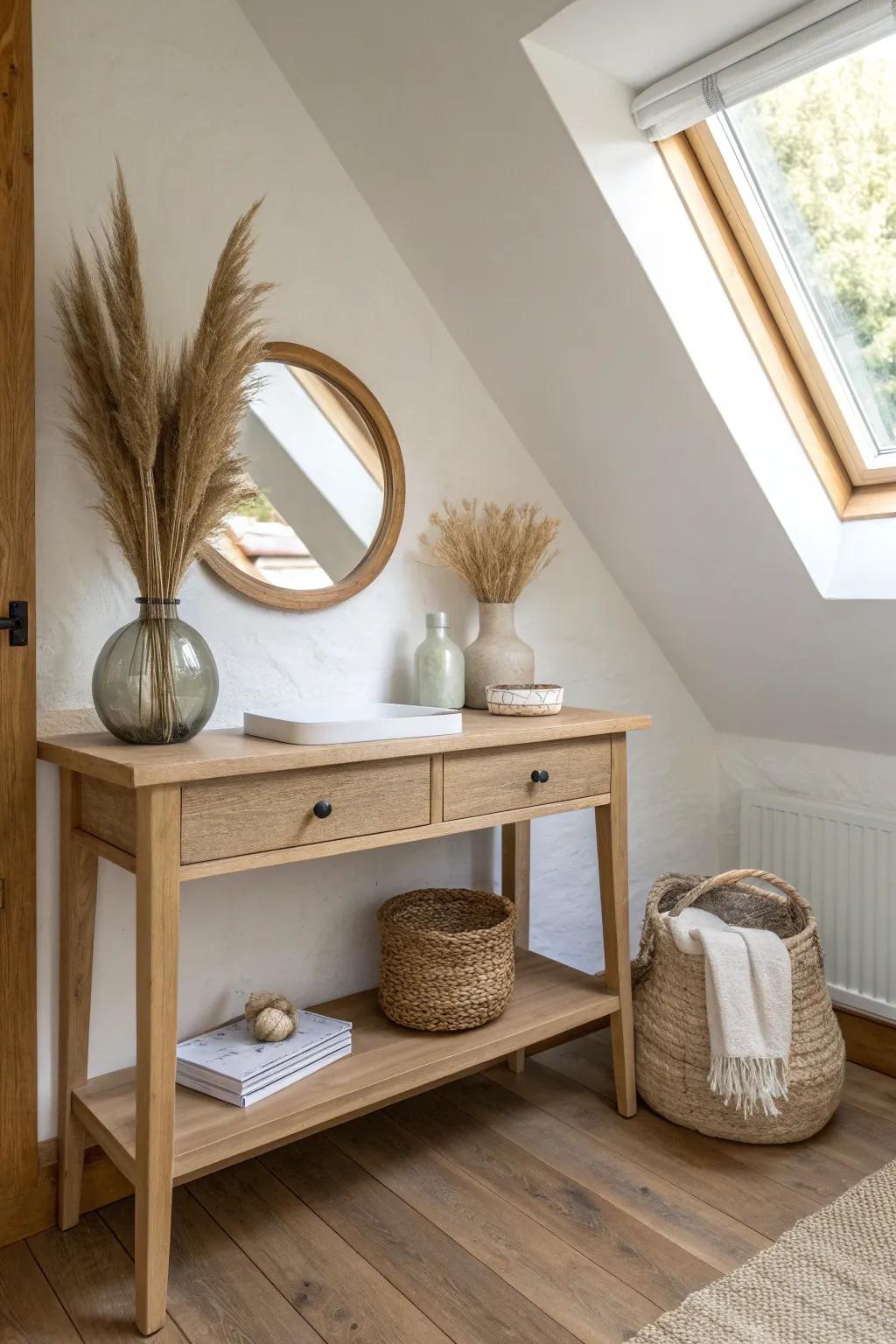 A tiny vanity under the attic slope—simple, airy, and perfect for a calm getting-ready nook.