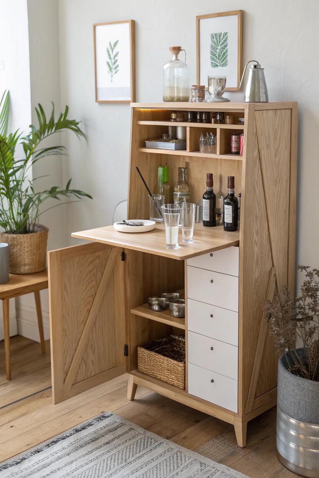 A fold-down secretary desk turns into a sleek mini bar—prep, store upright, and close to hide it all.