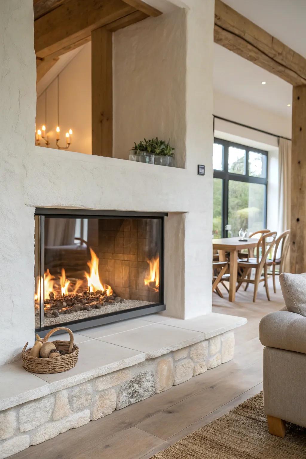 A double-sided fireplace wall that separates dining and living—cozy, open, and space-smart.
