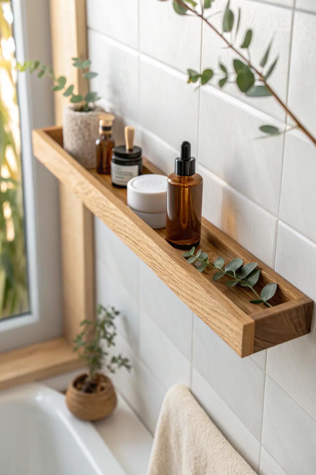A slim picture ledge shelf keeps tiny bathroom toiletries tidy without adding bulk.