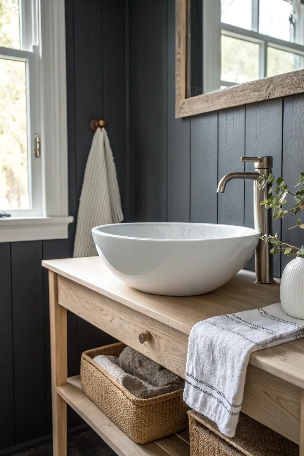 Moody charcoal walls, crisp white sink—tiny bathroom contrast that feels chic, not cramped.